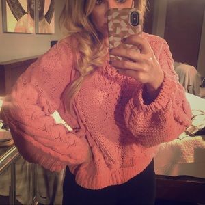 Express pink chenille balloon sleeve knit sweater